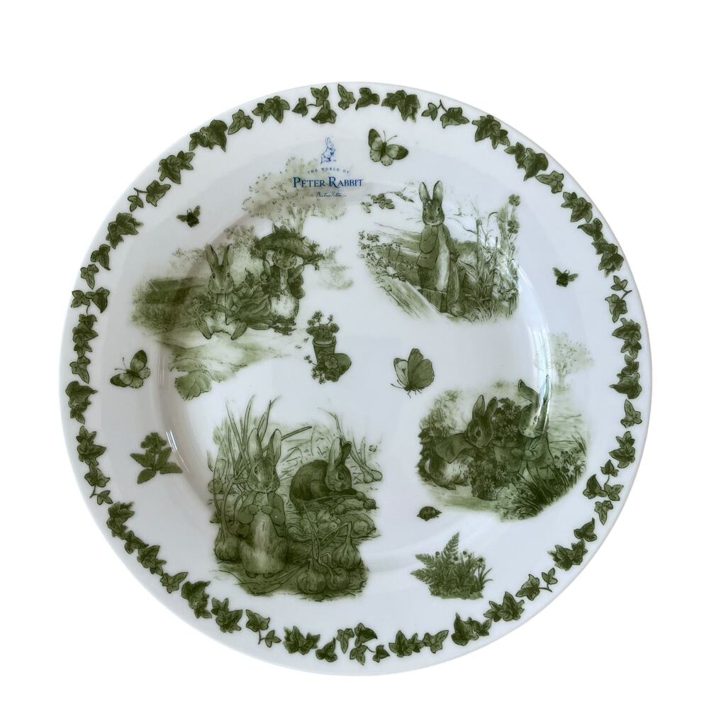 Beatrix Potter Peter Rabbit Green Toile Dinner Plates 10.5in Porcelain Set of 4